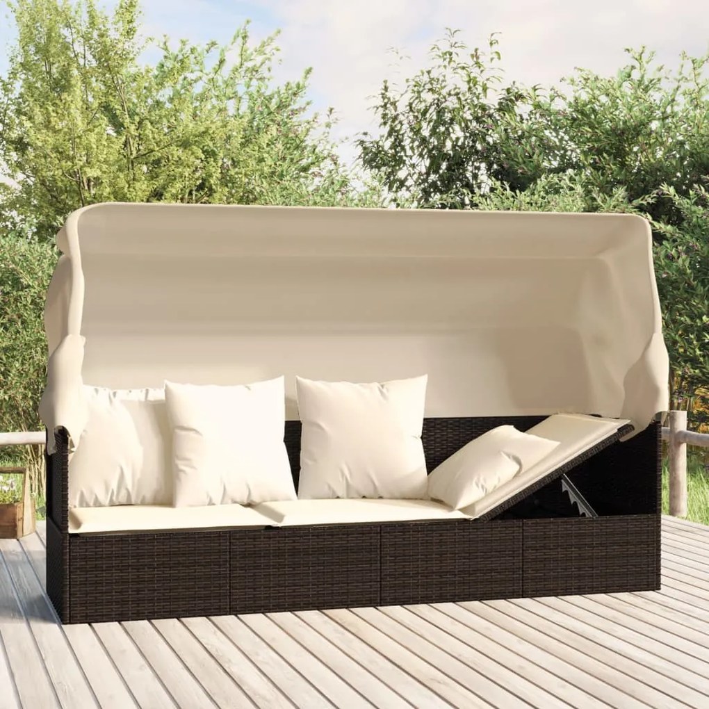 vidaXL Sofá lounge de exterior c/ toldo e almofadões vime PE castanho