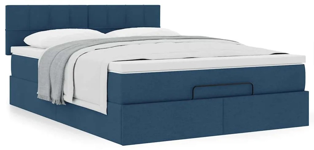 Estrutura de cama otomana com colchão tecido azul 140x200cm