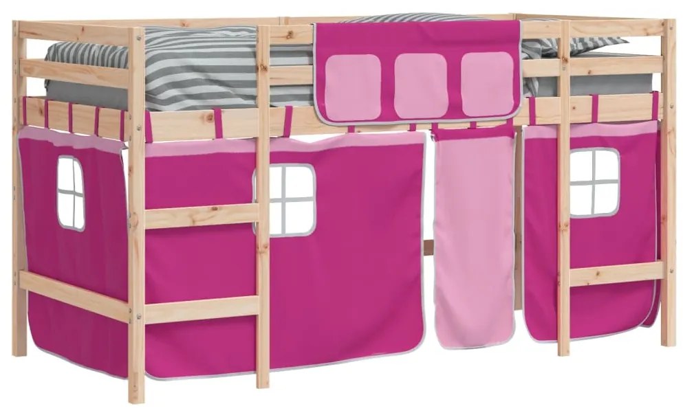 Cama alta p/ criança c/ cortinas 90x190 cm pinho maciço rosa