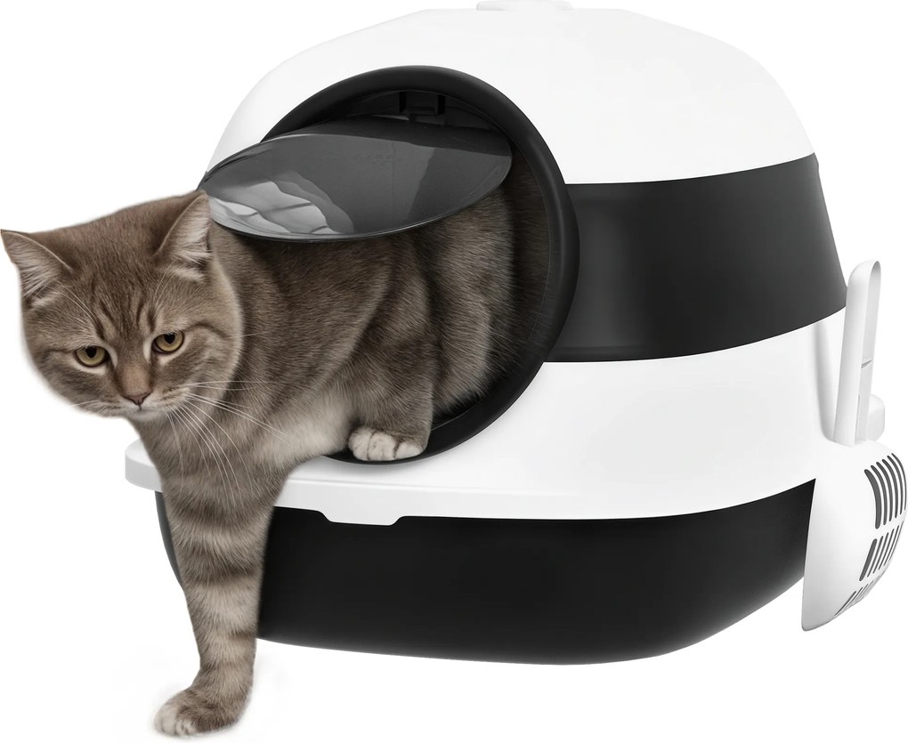 Caixa de areia para gatos dobrável com porta de batente e claraboia + pá incluída, preto e branco