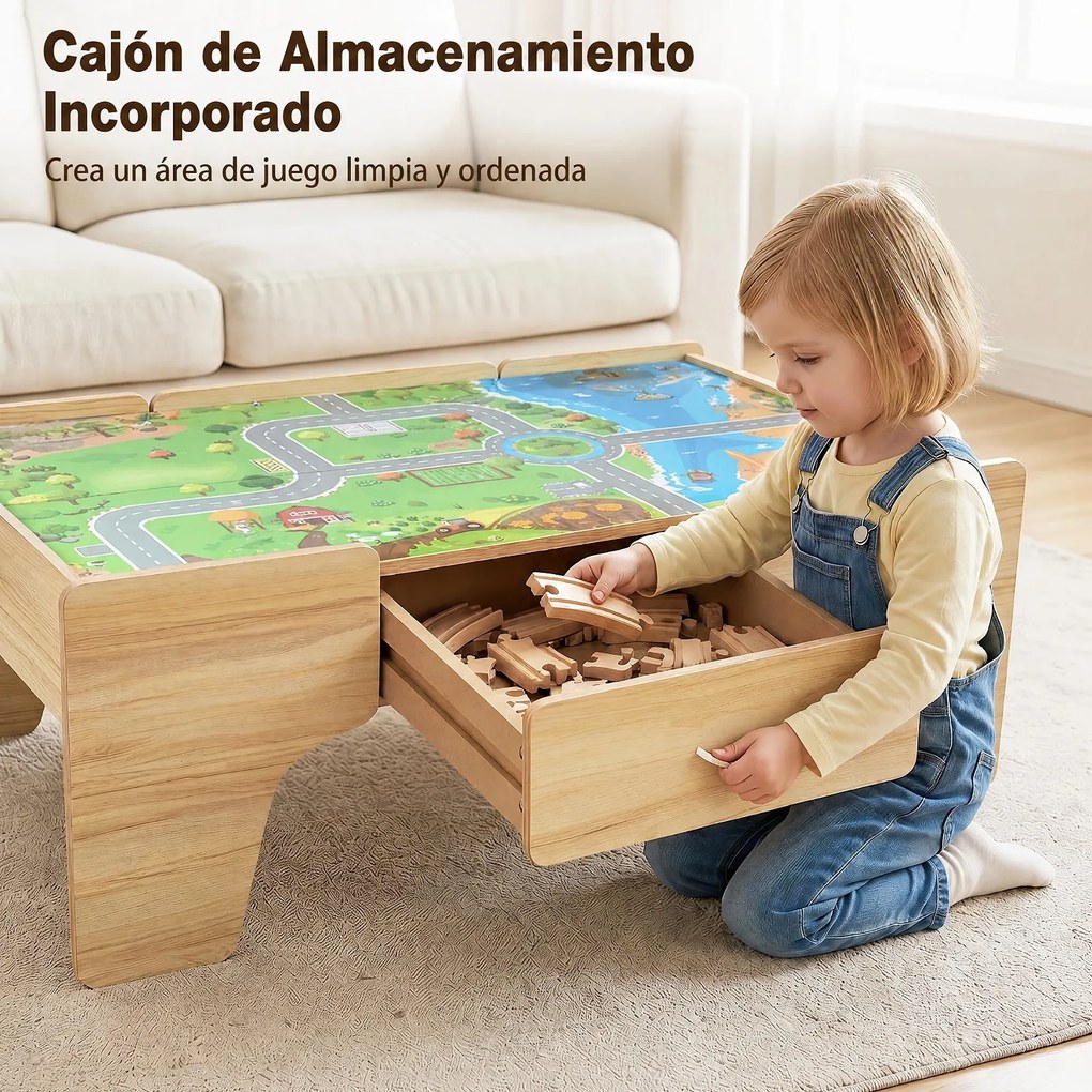 Mesa de Comboio para Crianças, 107 x 63 x 40 cm, Multifuncional 3 em 1, Natural