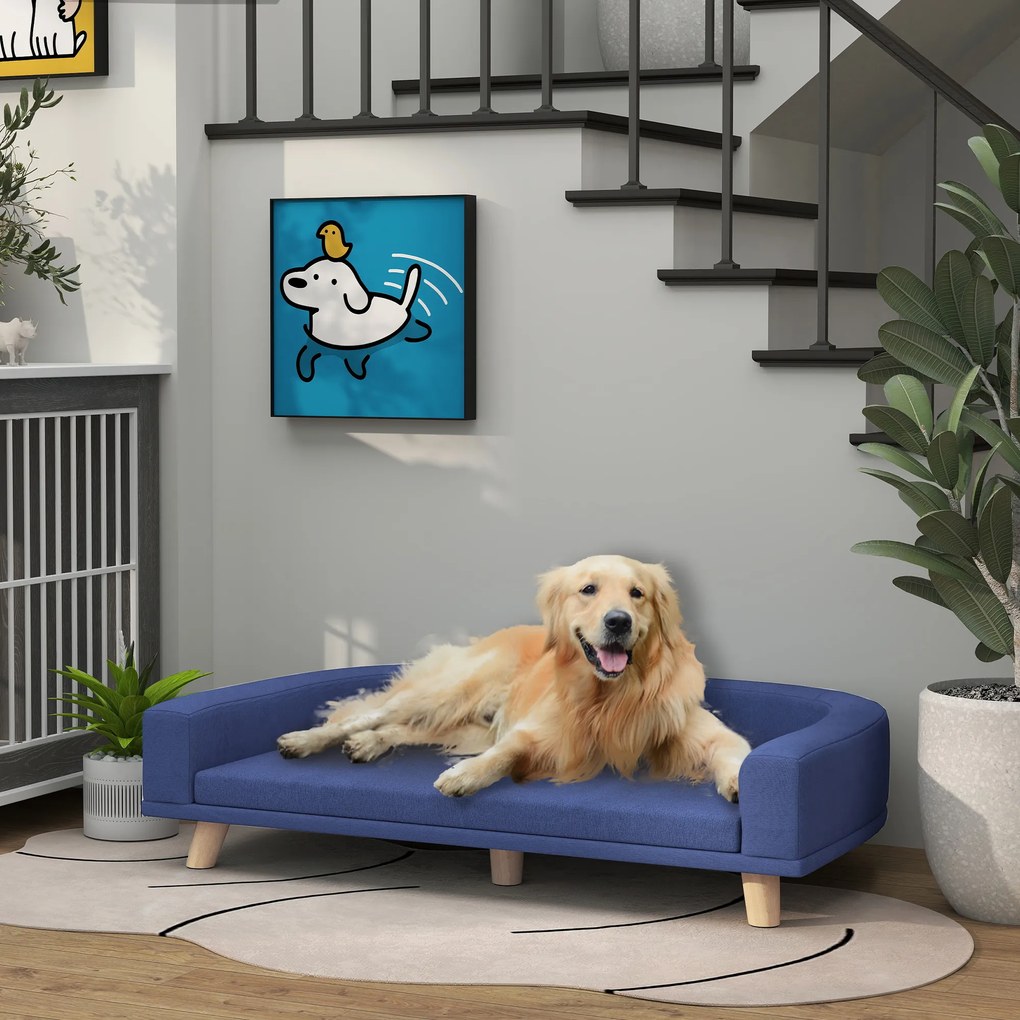 Sofá para cães, cama elevada grande para cães  98 x 67 x 25 cm, almofada lavável, estrutura em madeira, tecido de poliéster azul