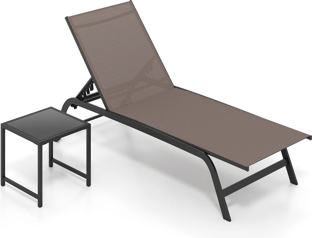 Conjunto de 2 Peças, Espreguiçadeira de Exterior e Mesa Auxiliar, 188-164 x 69 x 36-101 cm, Encosto Regulável em 5 Níveis, Castanho