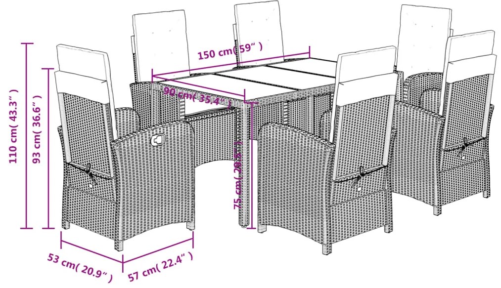 7 pcs conjunto de jantar p/ jardim c/ almofadões vime PE cinza