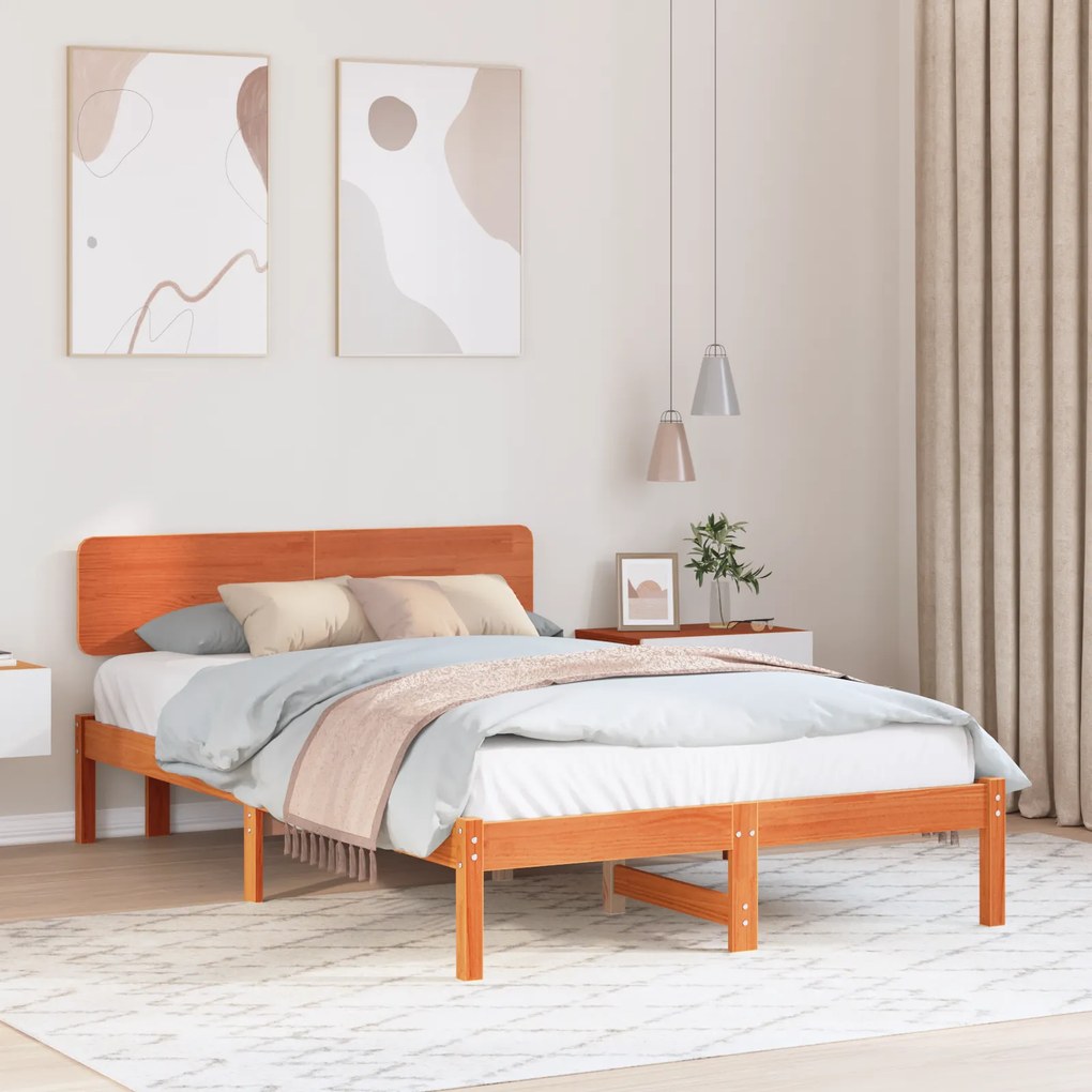 vidaXL Estrado de Cama com Cabeceira Castanha Encerada 140x190 cm Pinho Maciço
