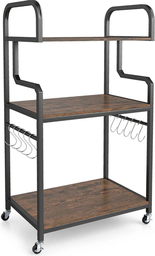 Suporte para impressora portátil 60 x 40 x 110 cm de 3 níveis com rodas, 10 ganchos em S, estrutura metálica Castanho rústico + Preto