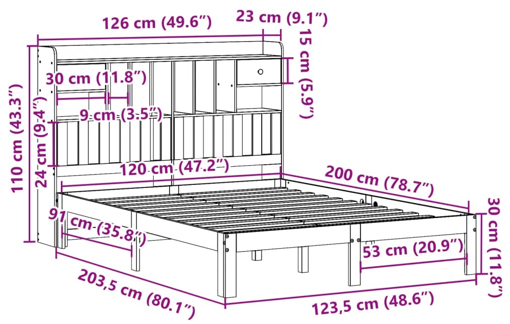 Cama c/ estante sem colchão 120x200cm pinho maciço castanho-mel
