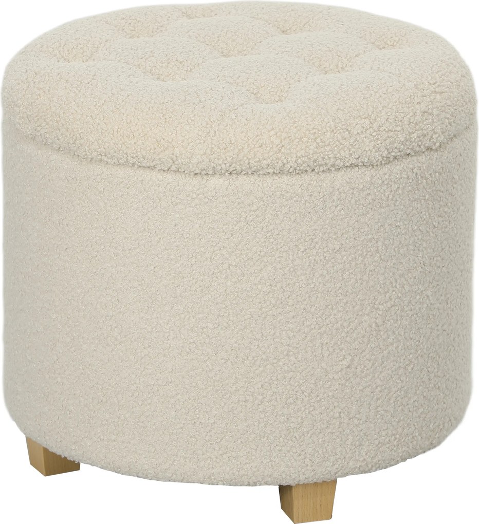 HOMCOM Puff redondo com armazenamento, tampa e pernas de madeira, apoio para os pés para sala de estar, hall, quarto, Creme branco | Aosom Portugal