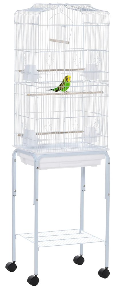Gaiola para Passáros com Suporte Gaiola Metálica de Aves Canários com 4 Rodas Portas 4 Comedouros 3 Poleiros Bandeja Removível e Prateleira Inferior 4