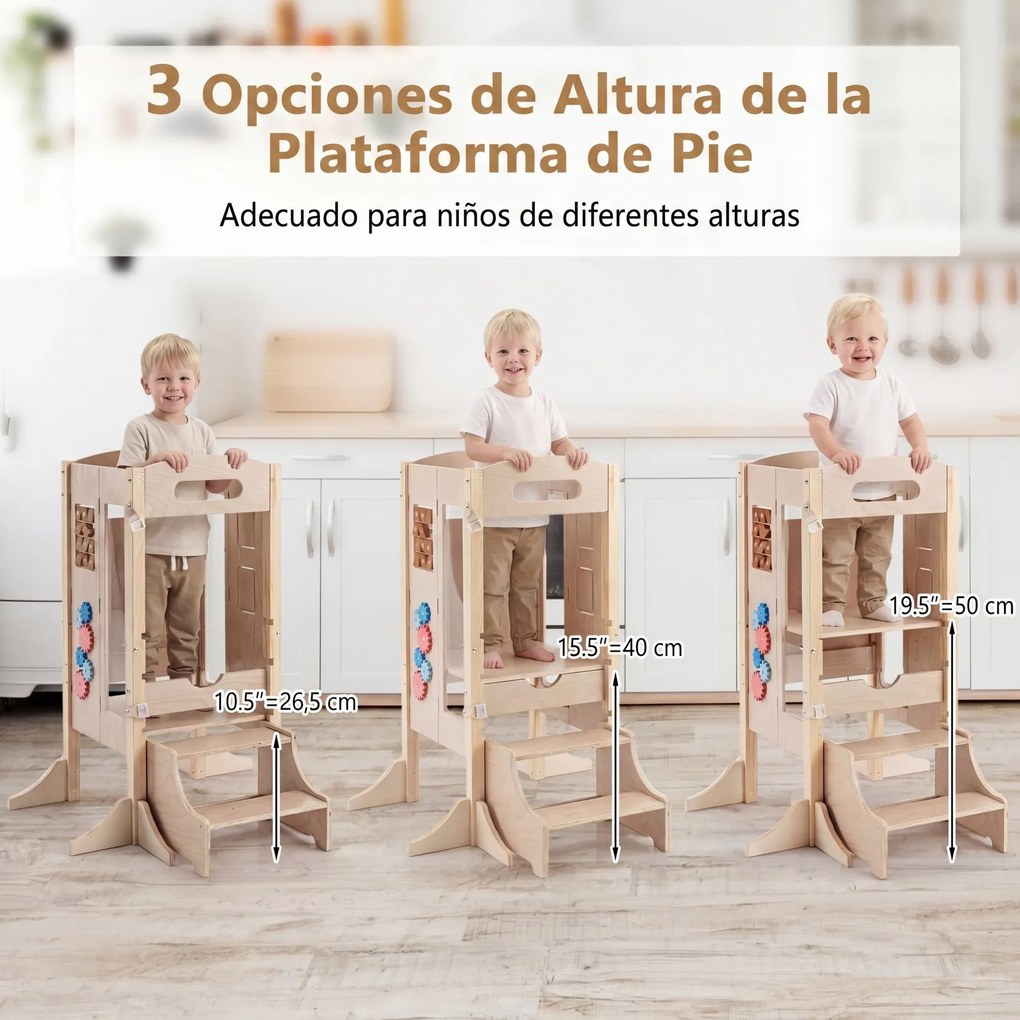 Torre de Aprendizagem Infantil Dobrável, 83,5 x 73 x 93 cm, 3 Níveis Ajustáveis, Natural