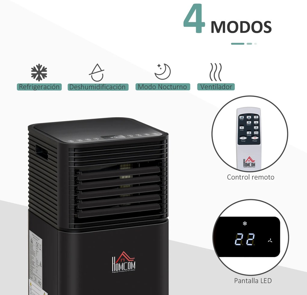 HOMCOM Ar Condicionado Portátil 5000BTU 4 em 1 Desumidificador Refrigerador R290 Móvel com 2 Velocidades Controlo Remoto Ecrã LED Temporizador 30,5x32,5x68cm Preto