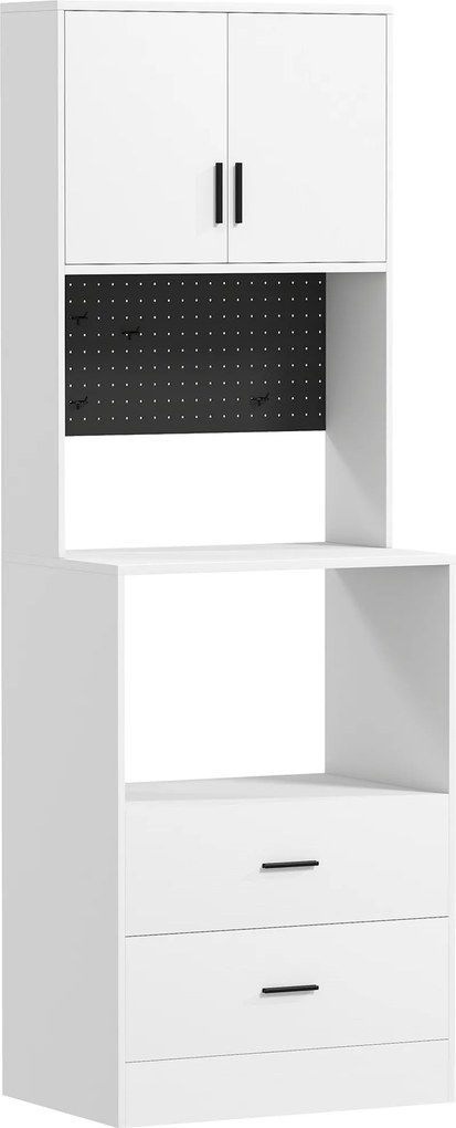 HOMCOM Móvel Auxiliar de Cozinha com Suporte para Micro-ondas 2 Gavetas 2 Portas e Painel Perfurado de Metal Branco | Aosom Portugal