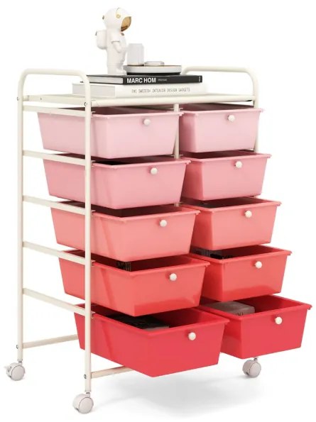 Carrinho móvel multiuso com 10 gavetas organizador sobre rodas 65,5 x 37 x 87 cm Rosa