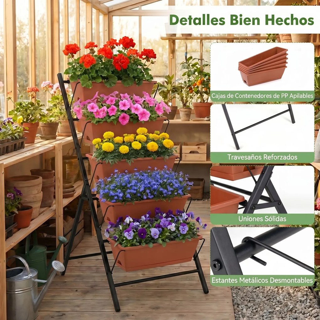 Floreira vertical de 5 níveis 57 x 71 x 115 cm com estrutura metálica, tabuleiros removíveis e orifícios de drenagem, para interior e exterior, , Cast