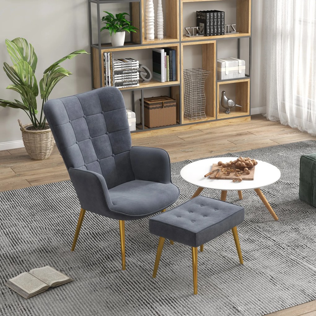 Poltrona com apoio para os pés, poltrona de sala estofada com encosto alto, pés em aço dourado e tecido de veludo, cinzento escuro