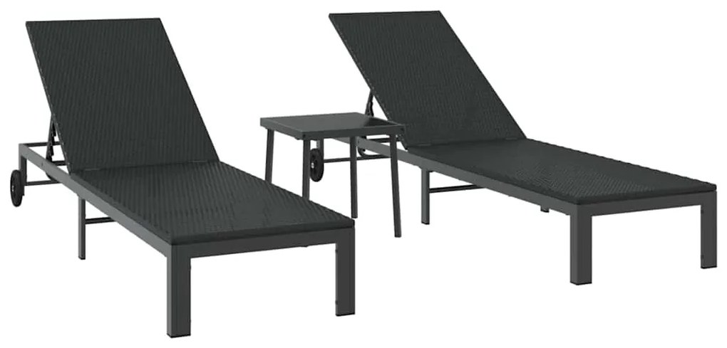 Espreguiçadeiras 2 pcs com Rodas e Mesa em Rattan Preto