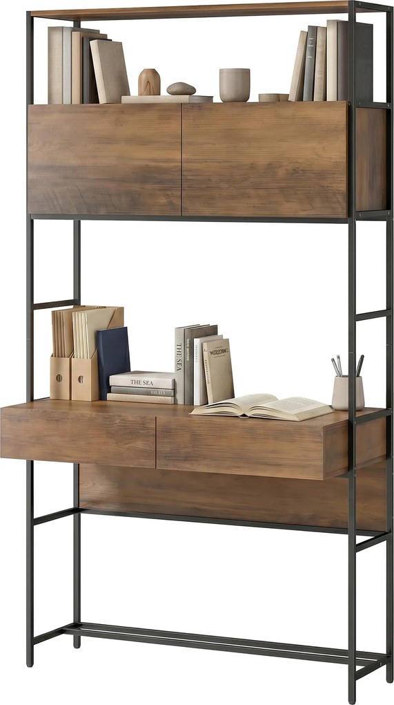 Secretária de computador com 2 gavetas, 100 x 45 x 185 cm, secretária com espaço de arrumação, 2 portas e prateleiras abertas, castanho