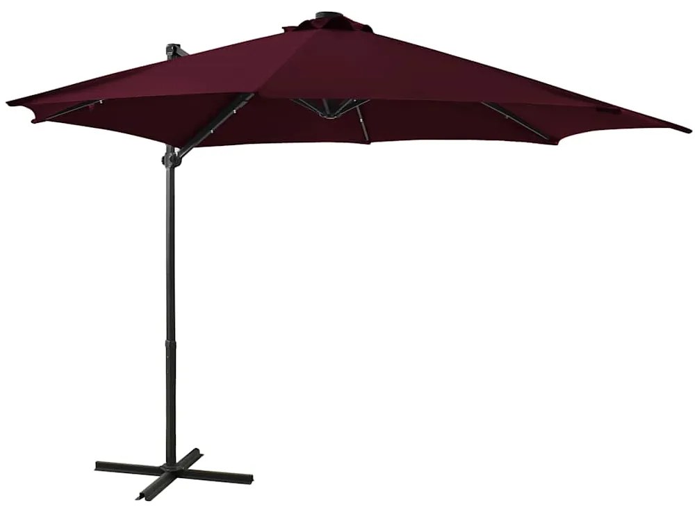 Guarda-sol jardim cantilever c/ poste e luzes LED 300 cm bordô
