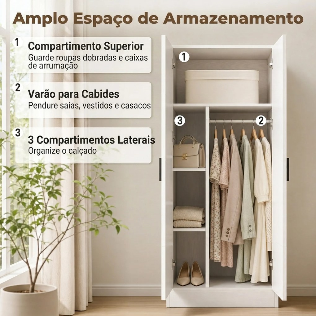 Guarda roupa Moderno para Quarto com Barra para Pendurar e Prateleiras 70x37x164 cm Branco