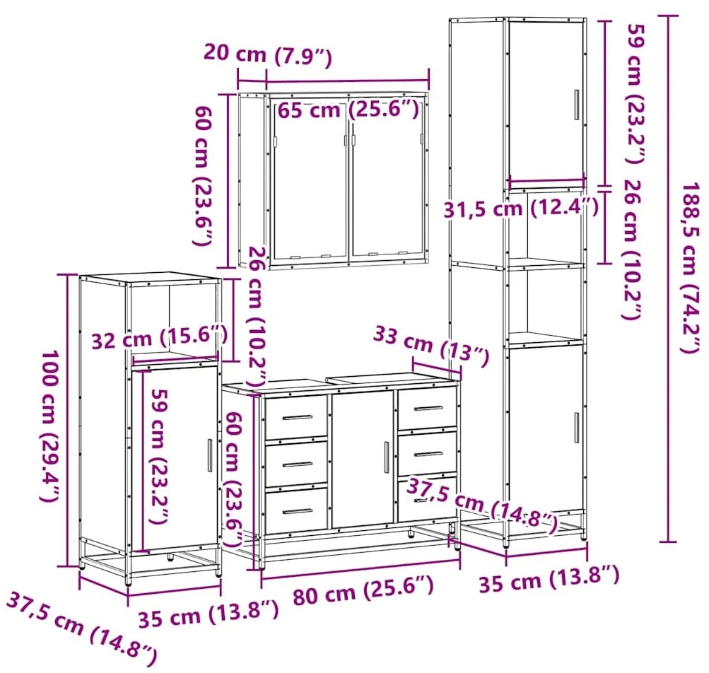 4 pcs conjunto móveis casa de banho derivados de madeira preto