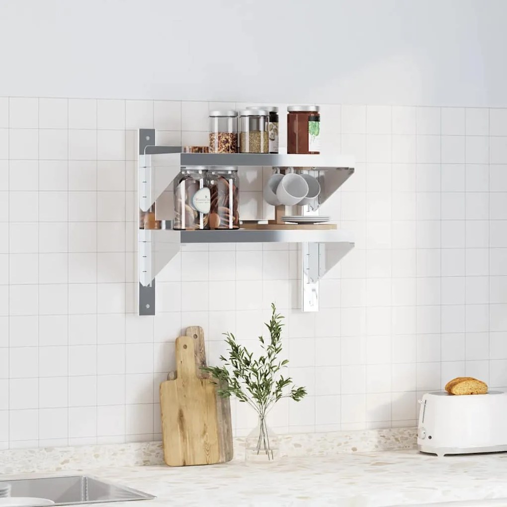Estante parede 2 prateleiras 50x23,5x48 cm aço inoxidável prata