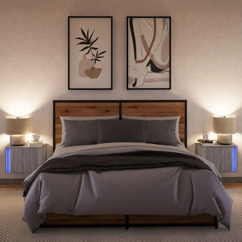 Mesas de cabeceira de parede com luzes LED 2pcs cinzento sonoma