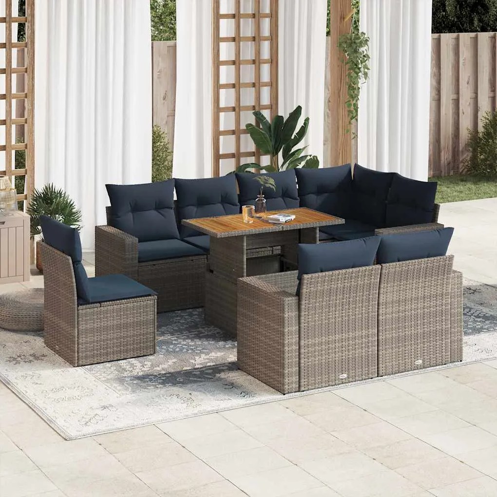 9 pcs conjunto sofás p/ jardim com almofadões vime PE cinzento