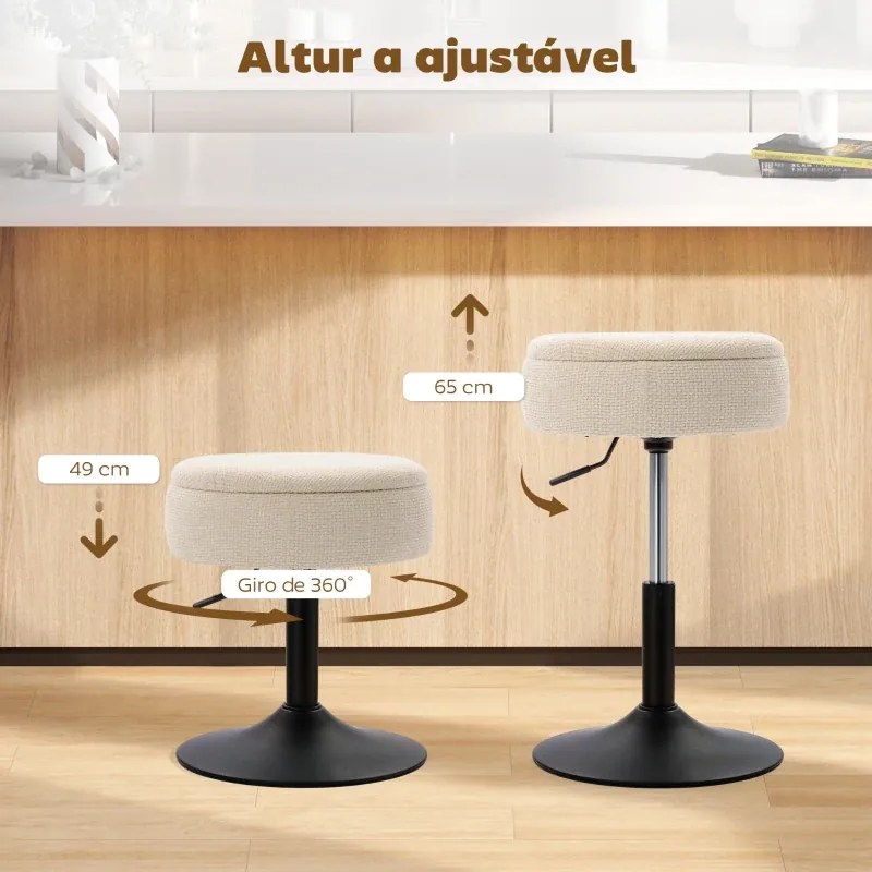 Banco de Bar com Armazenamento Altura Ajustável Giratório Estofado em Chenilla 39x39x49-65 cm Bege