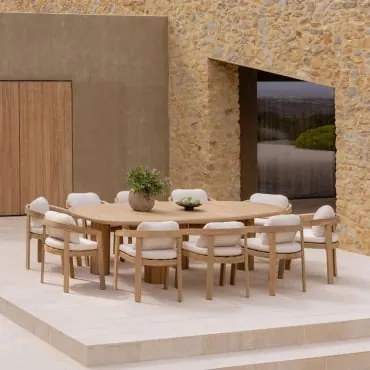 Conjunto De Mesa Ovalada 260x120 Cm Ginara E 10 Cadeiras De Jardim Em Madeira De Acácia Uleno Marrom Acácia Claro - Sklum