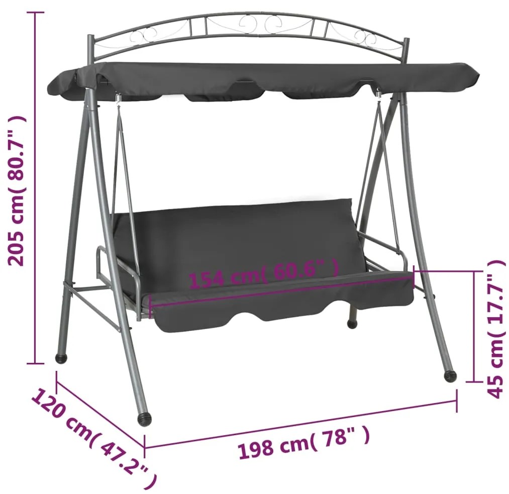 Baloiço jardim convertível + toldo 198x120x205cm aço antracite