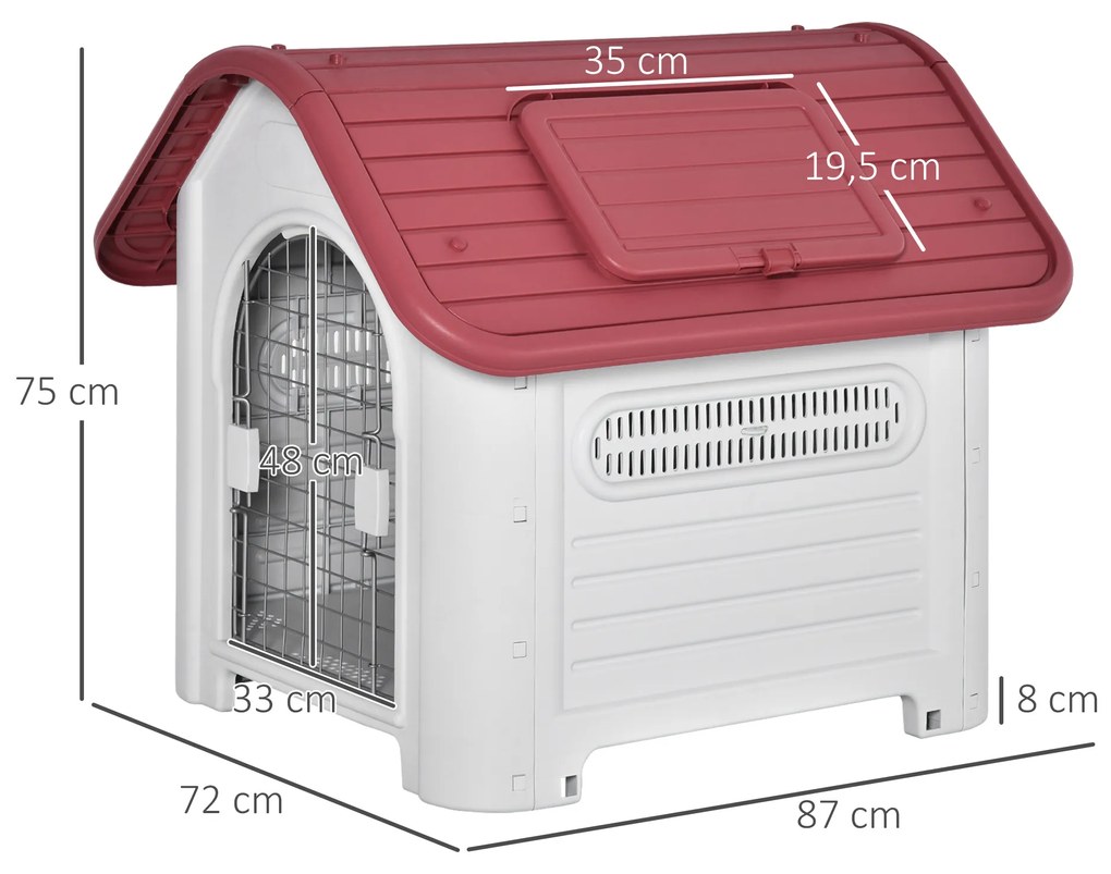 Casota para Cães com Porta Removível Base Elevada 3 Respiradouros e Janela para Interior e Exterior 72x87x75cm Cinza e Vermelho