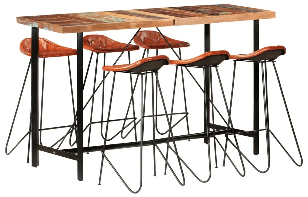 vidaXL 7 pcs conjunto de bar madeira recuperada maciça e couro genuíno