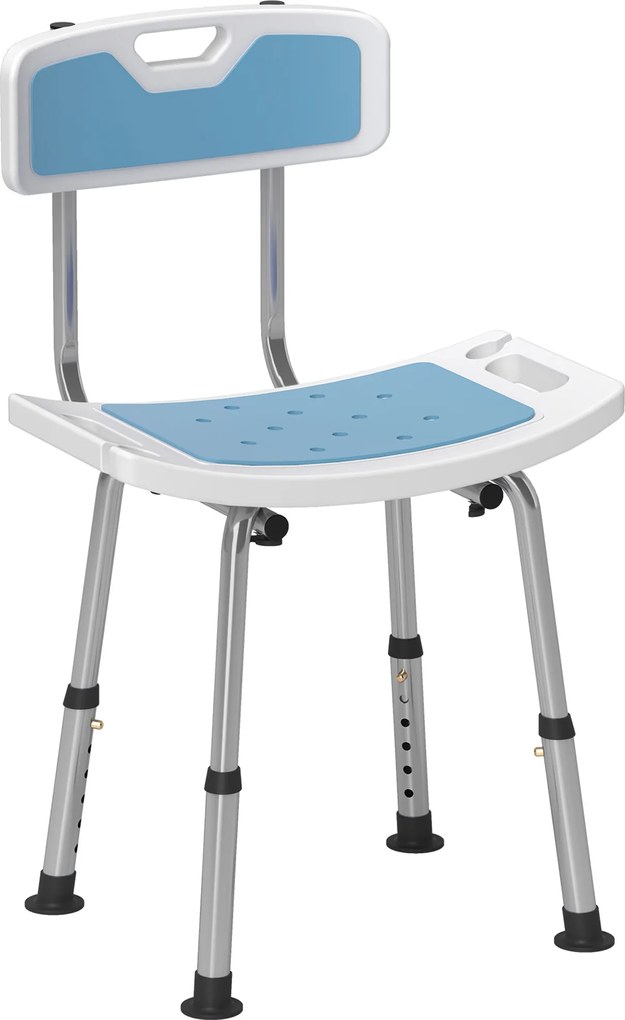 Cadeira de Duche para Idosos com Encosto e Altura Ajustável em 6 Níveis, Carga Máxima de 136 kg Azul Claro e Branco