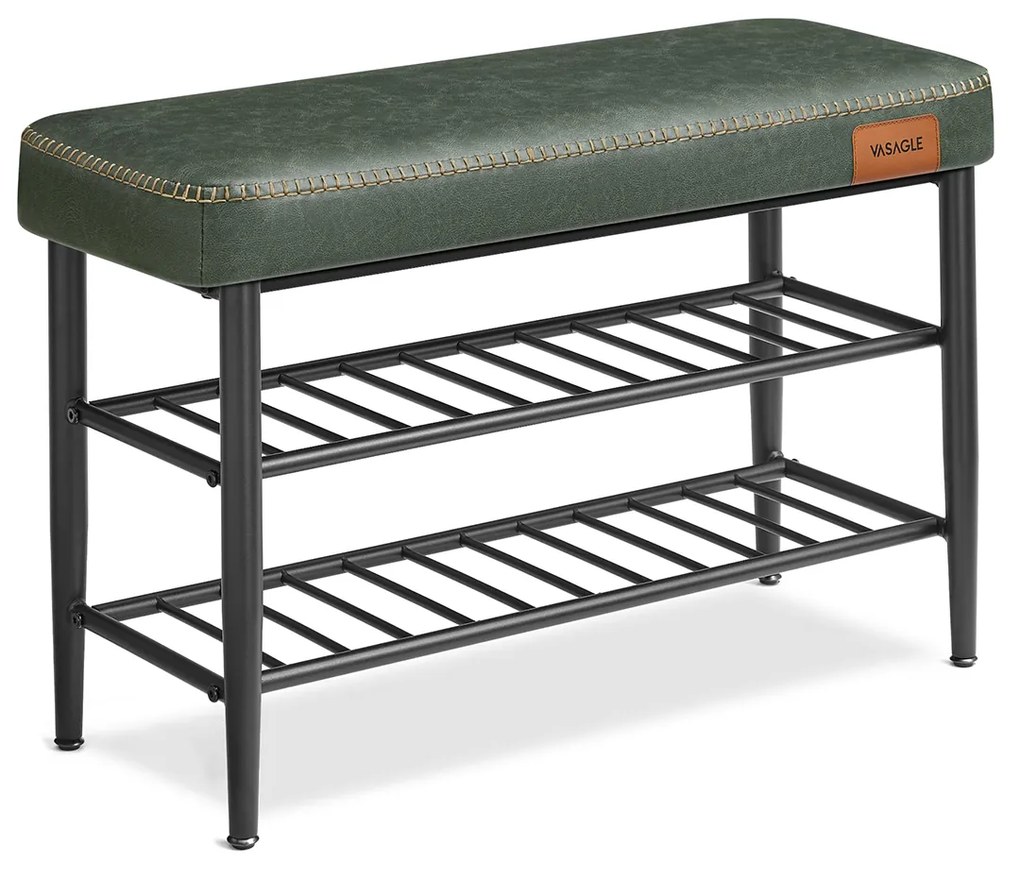 Coleção VASAGLE EKHO LSB054C01 Banco para sapatos, assento, área de entrada, couro sintético, costuras, estilo anos 60, moderno, carga máxima 135 kg, 30 x 80 x 50 cm, verde floresta