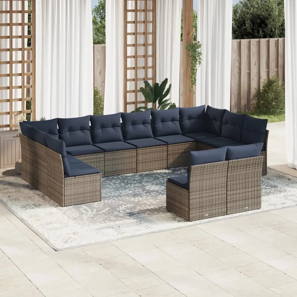 vidaXL 12 pcs conjunto sofás p/ jardim c/ almofadões vime PE cinzento