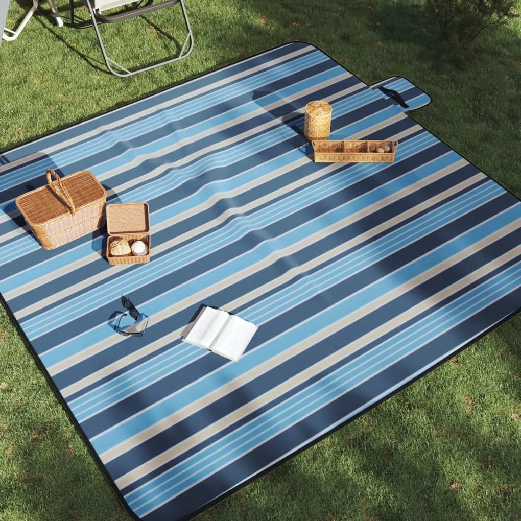 vidaXL Manta piquenique dobrável 200x200 cm veludo riscas azul/branco