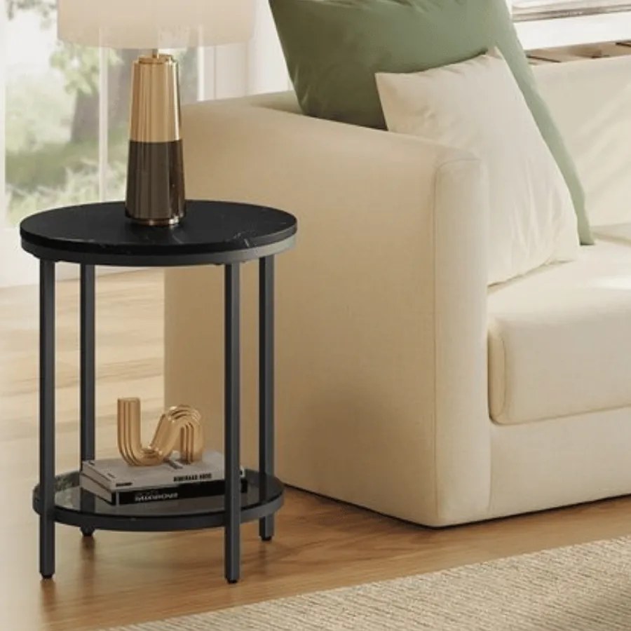 Mesa auxiliar de 2 níveis 45 x 55 cm (Ø x A) com estrutura preta e tampo preto com efeito mármore Preta