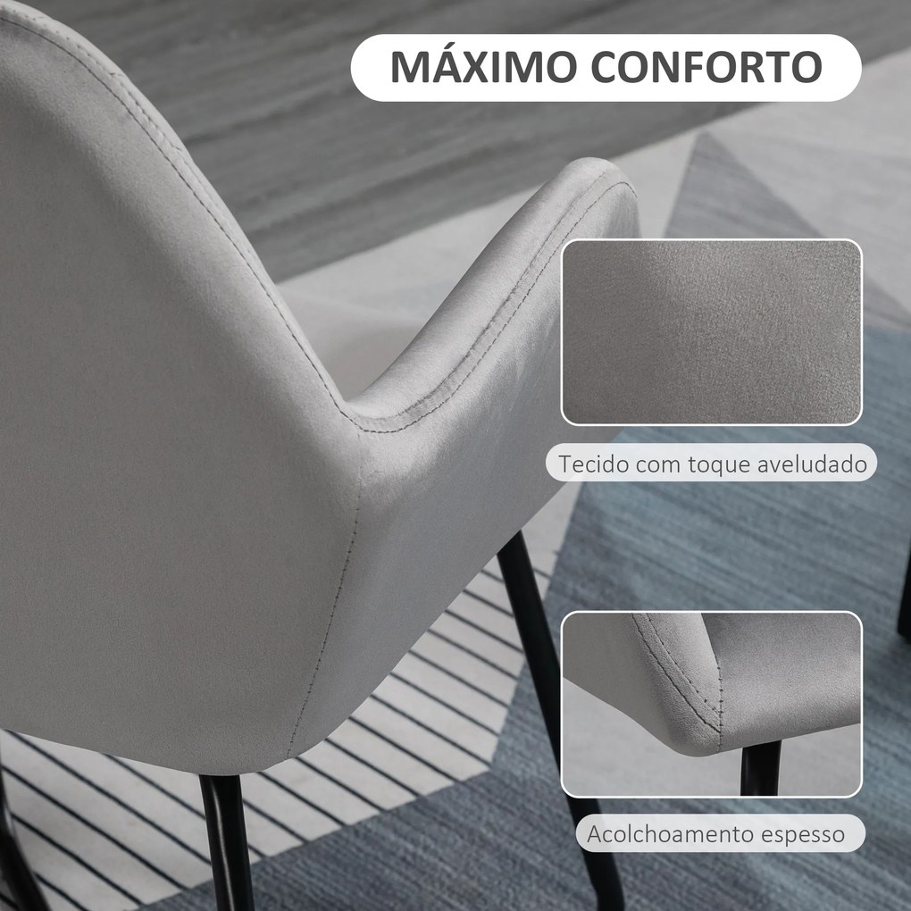 Cadeira de Sala de Jantar Estofada em Veludo com Base Metálica Cruzada Cadeira de Leitura 60x56,5x85 cm Cinza