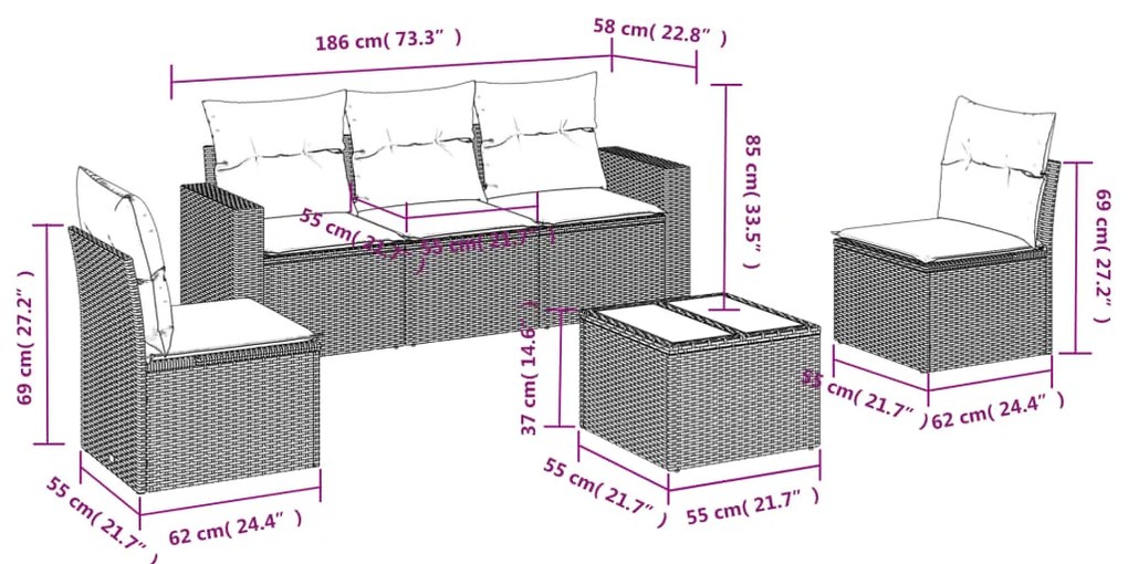 6 pcs conjunto de sofás p/ jardim com almofadões vime PE bege