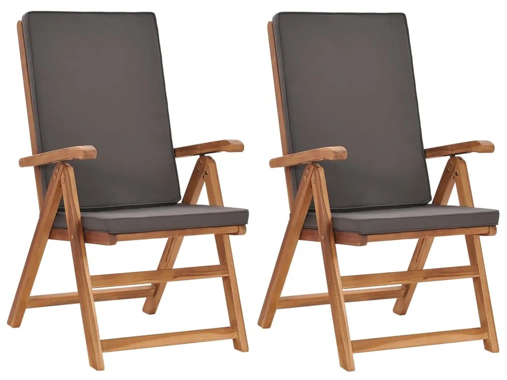 vidaXL Cadeiras jardim reclináveis + almofadões 2pcs teca maciça cinza