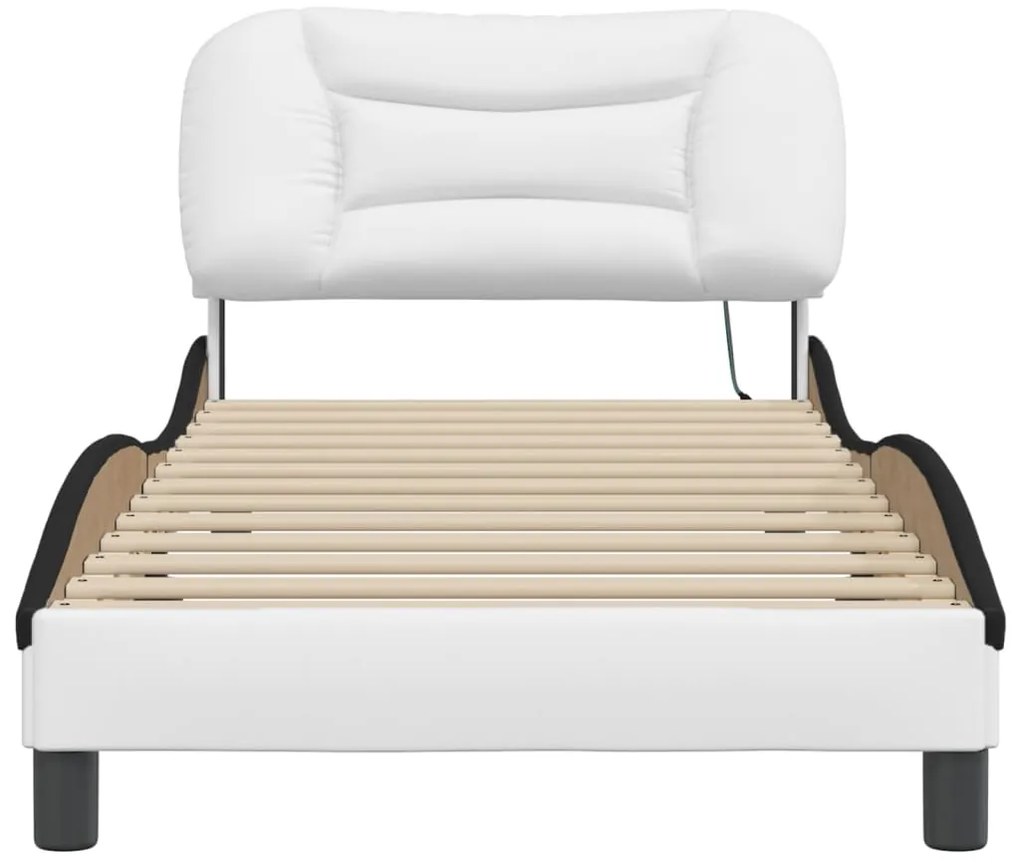 Estrutura cama c/ luzes LED 90x190 cm couro artif. branco/preto