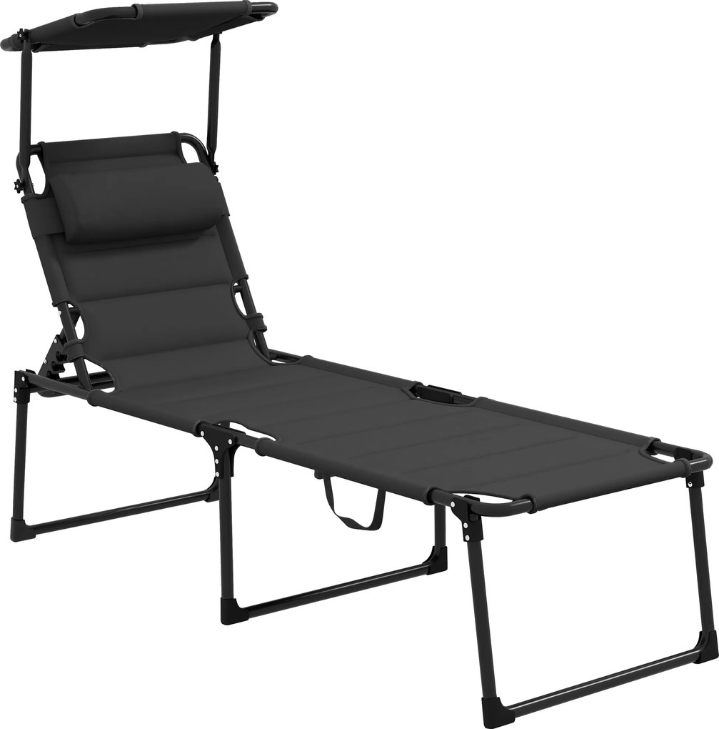 Outsunny Espreguiçadeira dobrável com toldo, apoio de cabeça reclinável em tecido Oxford 70 x 200 x 45 cm, preto | Aosom Portugal