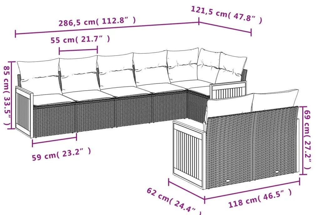 8 pcs conjunto sofás de jardim com almofadões vime PE preto