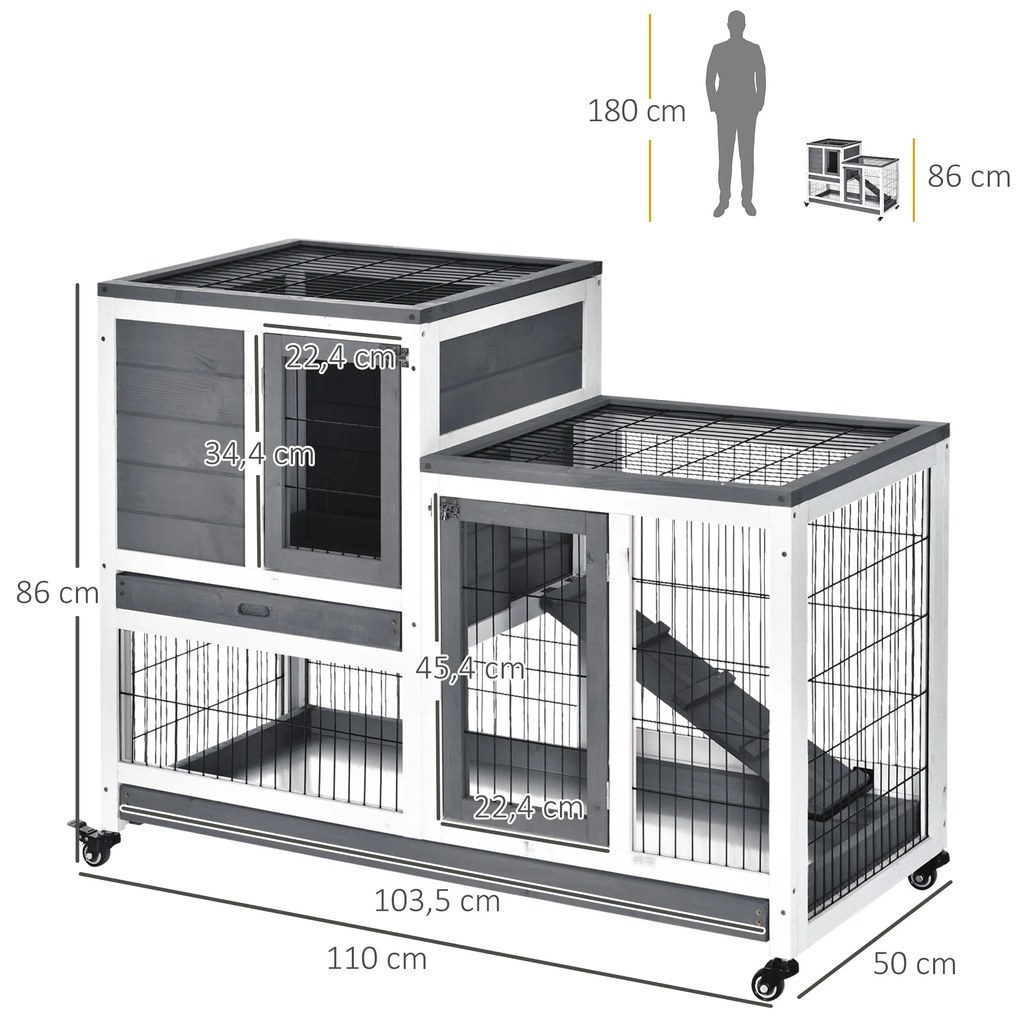 Coelheira de Madeira Interior com Rodas Gaiola para Coelhos Animais Pequenos de 2 Pisos com Zona Aberta Rampa e 2 Bandejas Removíveis 110x50x86cm Cinz