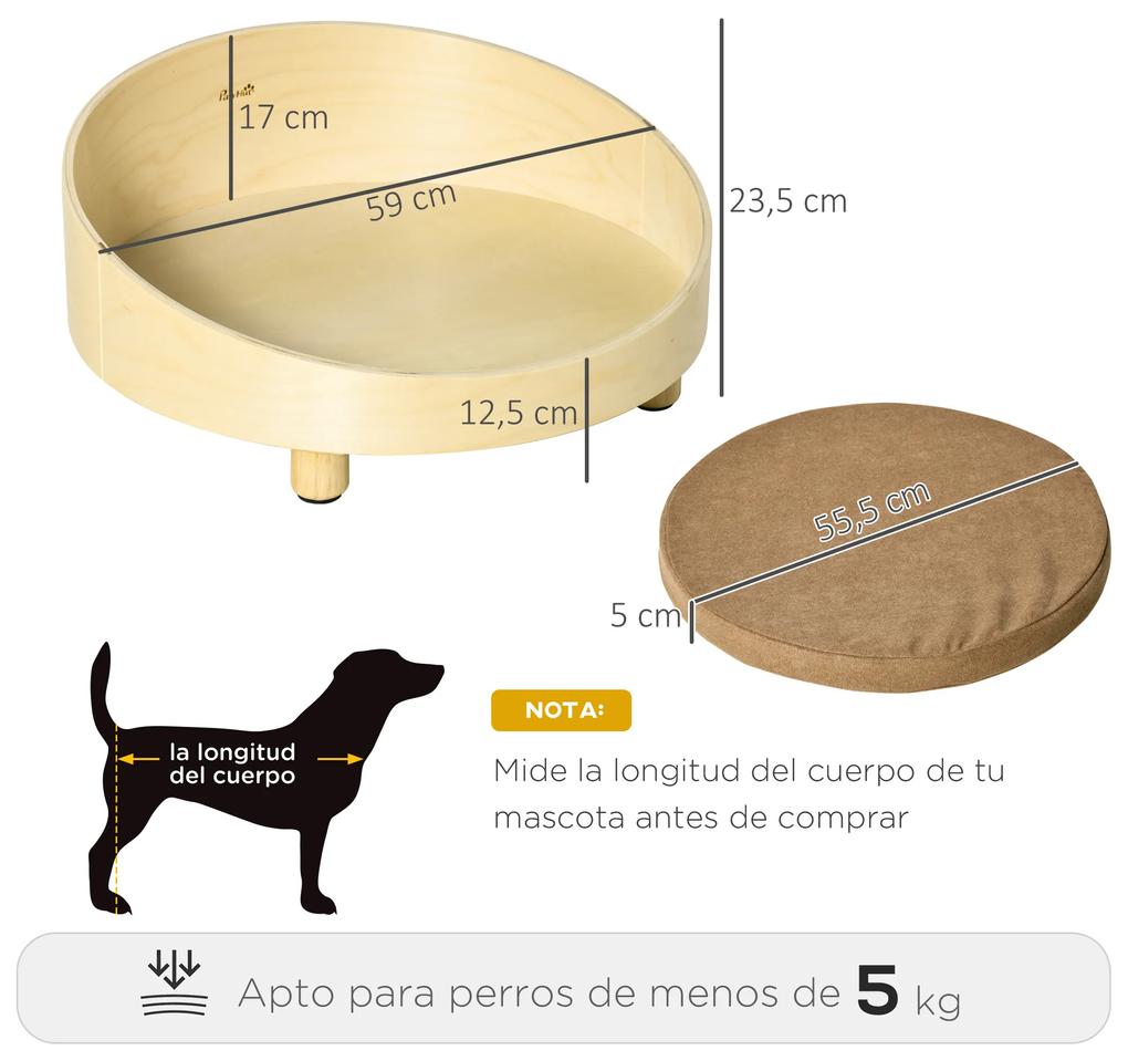 Cama de Madeira para Cães Gatos Sofá Redondo para Animais de Estimação Pequenos com Almofada Acolchoada Removível e Pés Elevados Ø59x23,5cm Natural