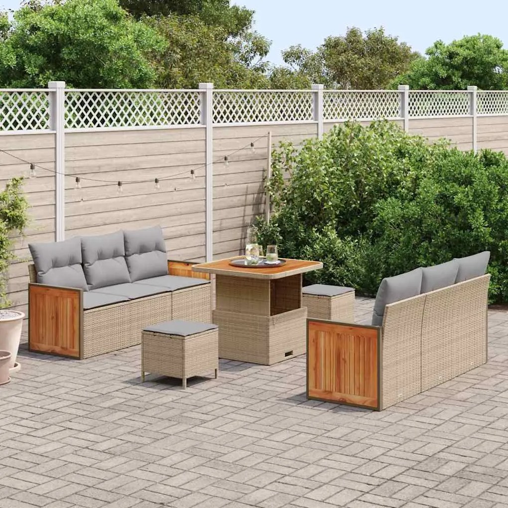 Conjunto de Sofás de Jardim vidaXL 9 Peças com Almofadas Bege Rattan P