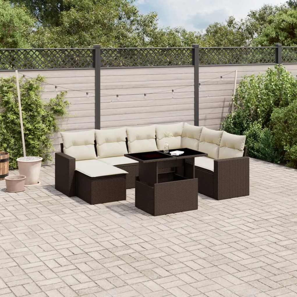 8 pcs conjunto sofás de jardim c/ almofadões vime PE castanho