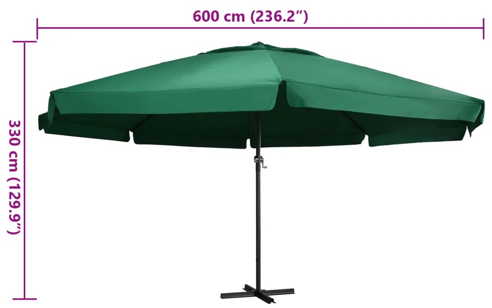 Guarda-sol de jardim com poste de alumínio 600 cm verde