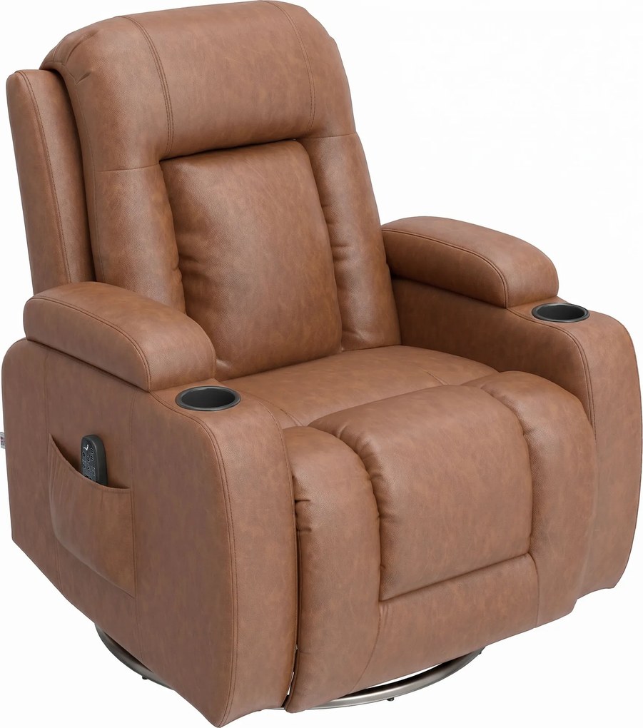HOMCOM Poltrona de Massagem Reclinável Manual 150° Aquecida, Controle Remoto, Porta-copos, Pele PU, Castanho Claro | Aosom Portugal