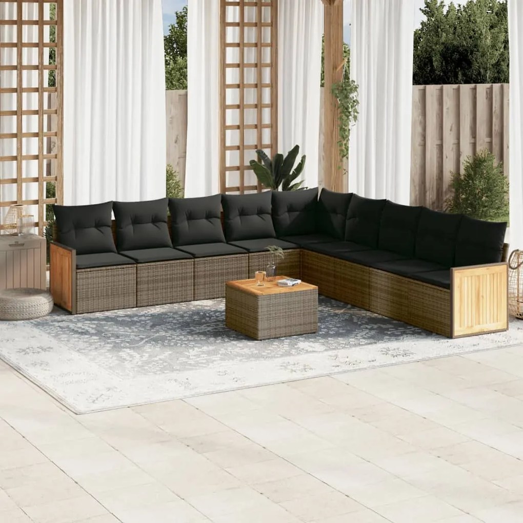 10 pcs conjunto sofás de jardim c/ almofadões vime PE cinzento